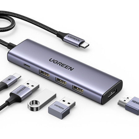 Multifunctional HUB 5in1 USB-C - HDMI 1.4 / 3 x USB-A / USB-C PD 100W Ugreen CM511 - gray (15596)